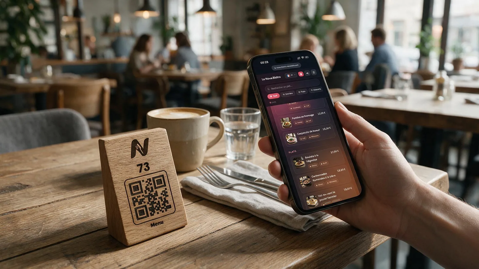Client scannant le QR code posé sur une table de restaurant