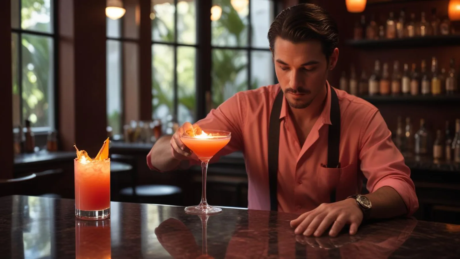 Barman préparant un cocktail avec la fiche recette affichée sur tablette