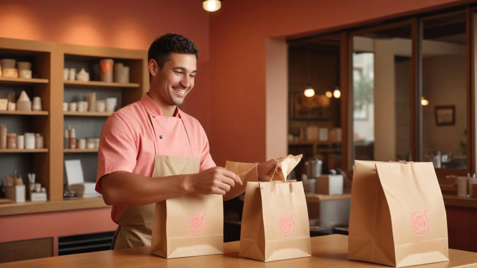 Sacs de commandes à emporter prêts sur le comptoir d'un restaurant